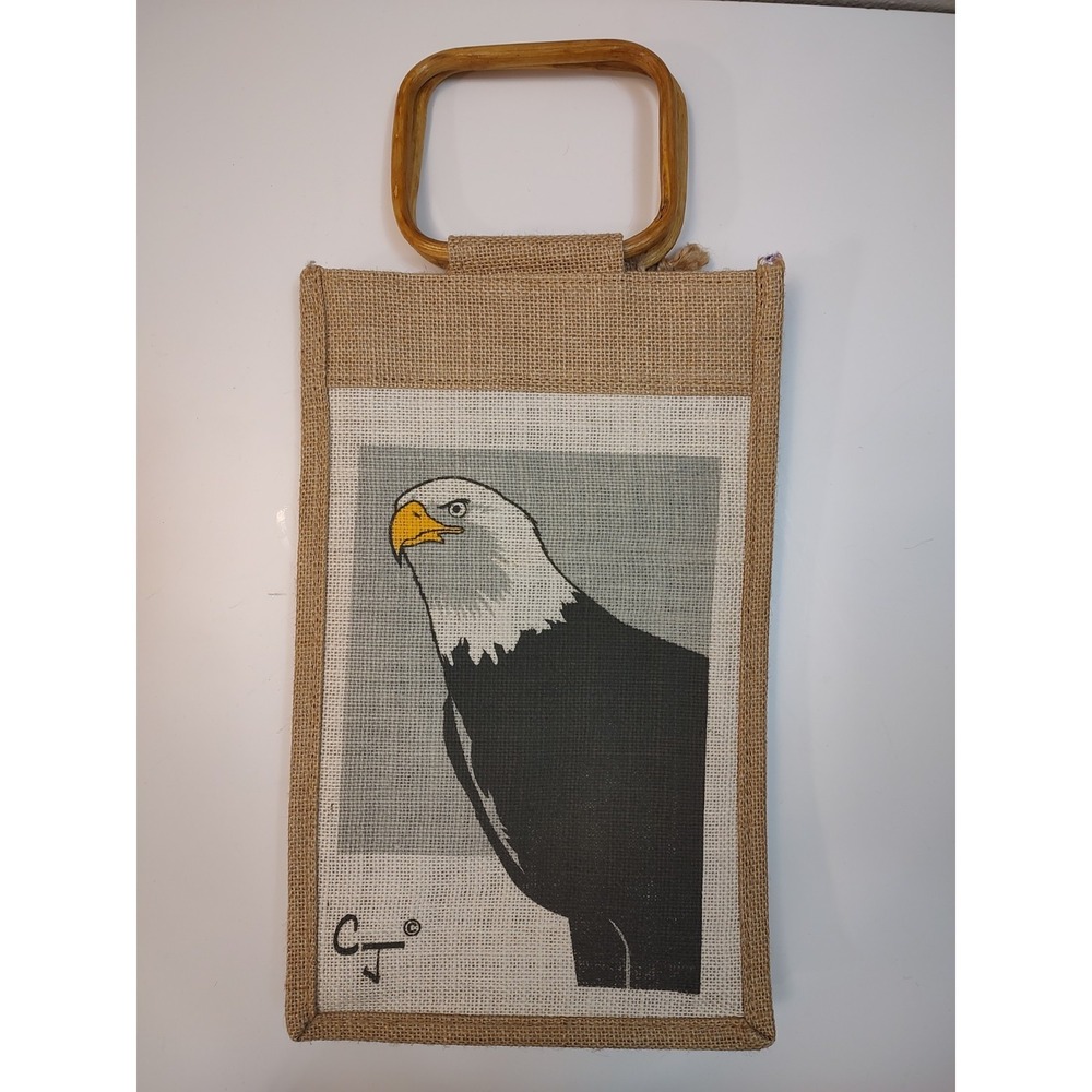 CJ Art Still-Life Jute Burlap 2 Sided Eagle Wooden Handle Bag Wine Tote A16